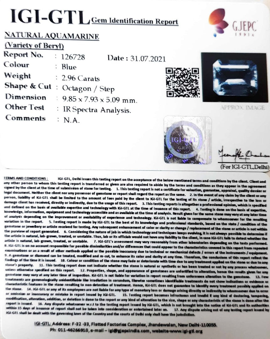 2.96/CT Natural Aquamarine with Govt Lab Certificate-5661