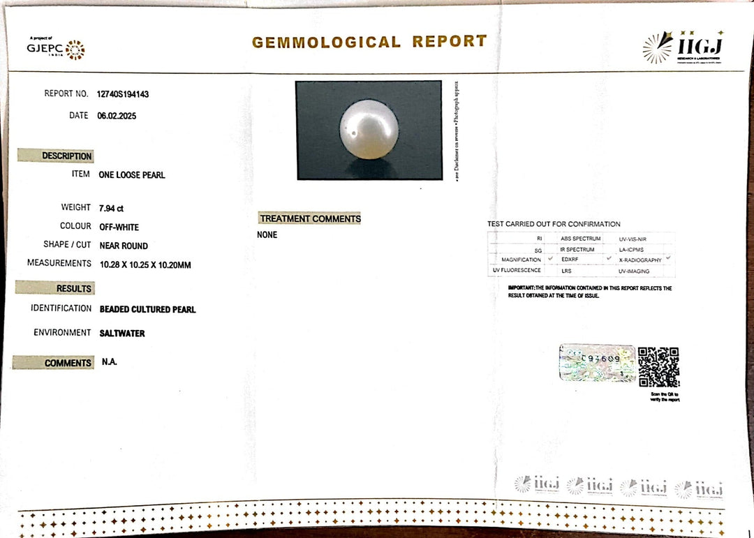 7.94/CT Natural South Sea Pearl With Govt. Lab Report