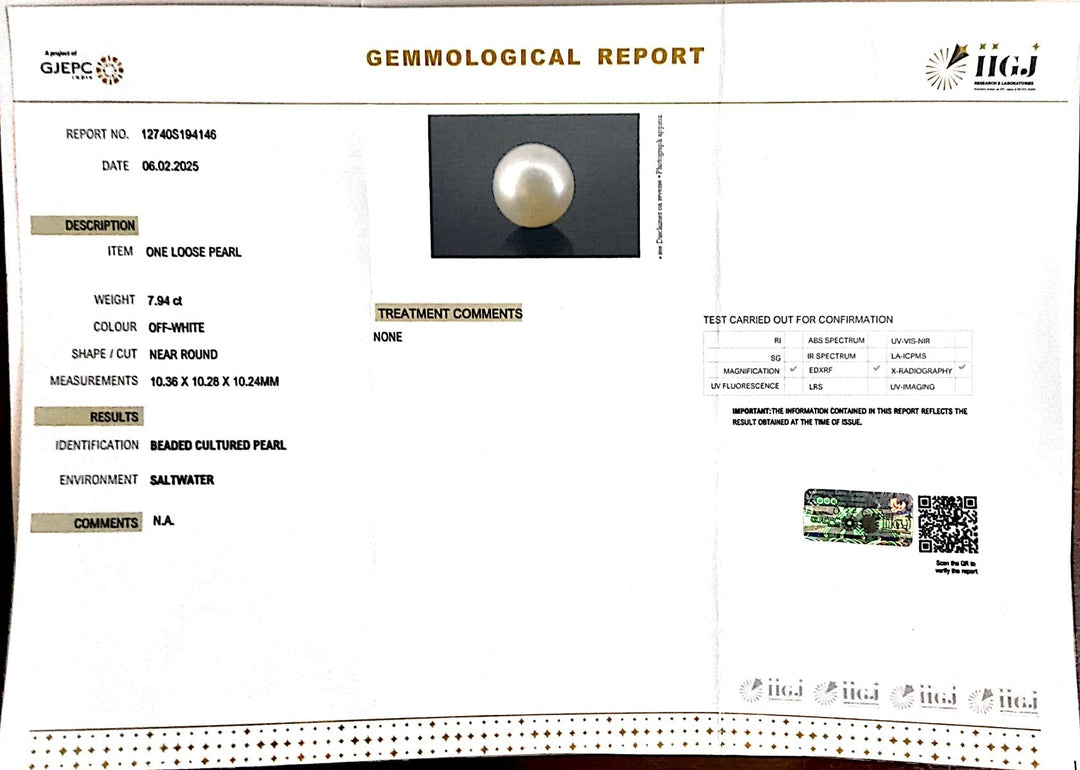 7.94/CT Round South Sea Pearl With Govt. Lab Report