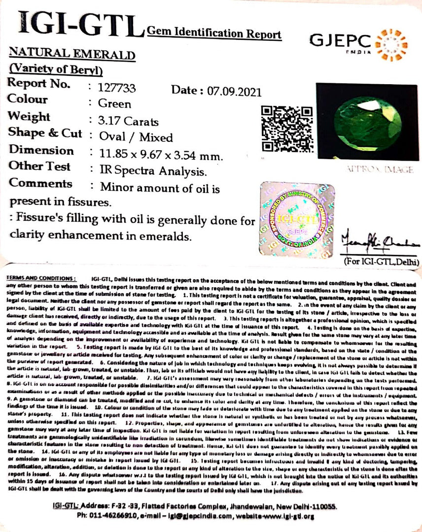 3.17/CT Natural Panna Stone with Govt. Lab Certificate (6771)