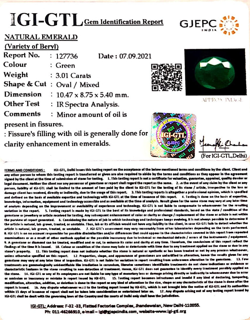 3.01/CT Natural Panna Stone with Govt. Lab Certificate (6771)