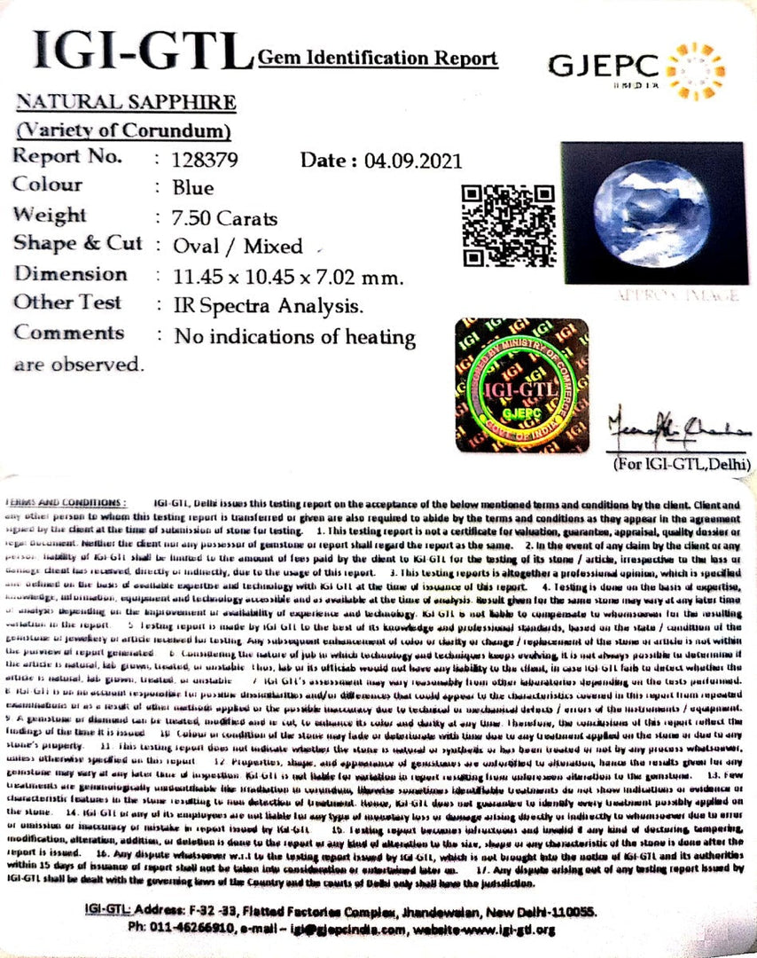 7.50/CT Natural Blue Sapphire with Govt Lab Certificate-BLUSA9U