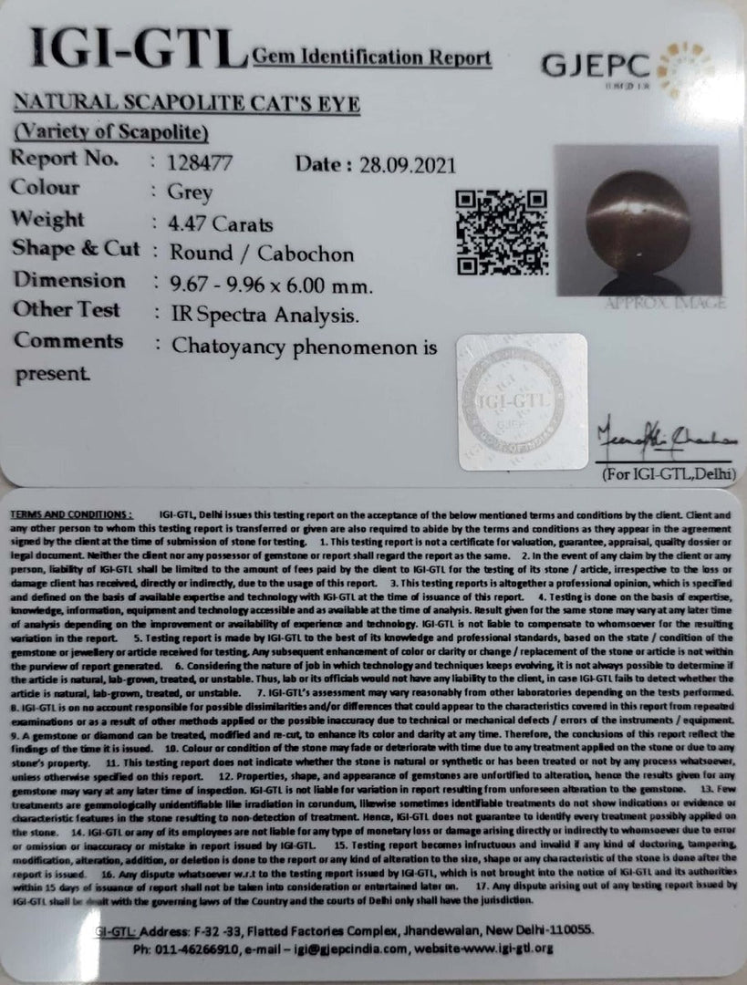 4.47/CT Natural Scapolite Cat's Eye with Govt. Lab Certified-(1221)