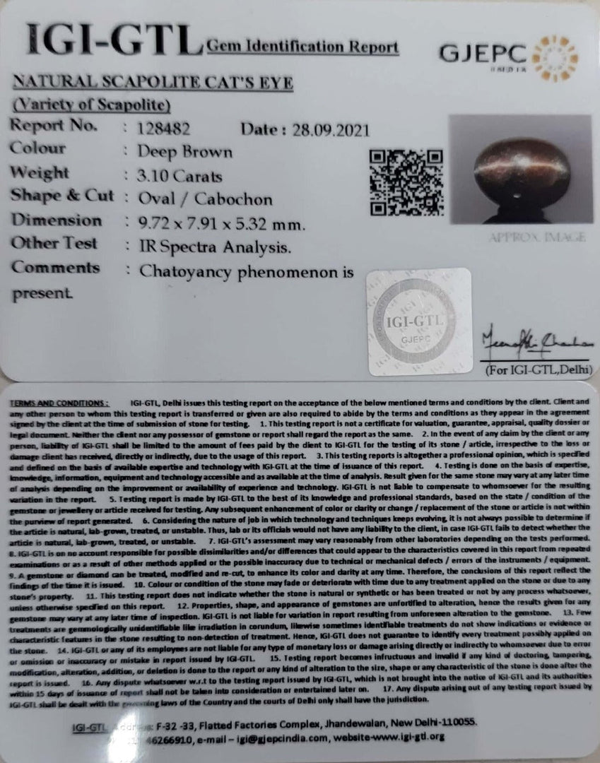 3.10/CT Natural Scapolite Cat's Eye with Govt. Lab Certified-(1221)