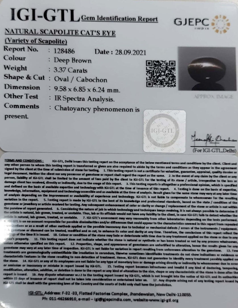 3.37/CT Natural Scapolite Cat's Eye with Govt. Lab Certified-(1221)