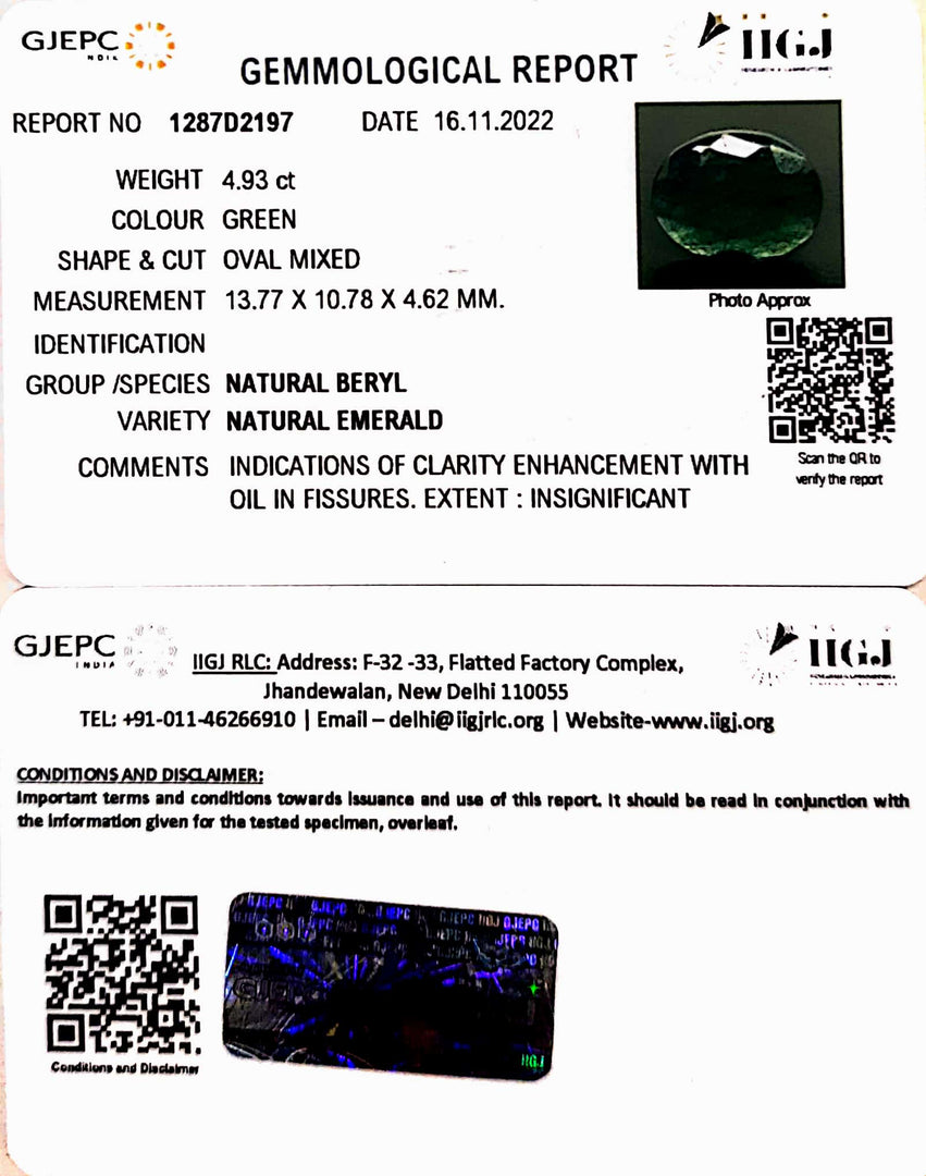 4.93/CT Natural Panna Stone with Govt. Lab Certificate