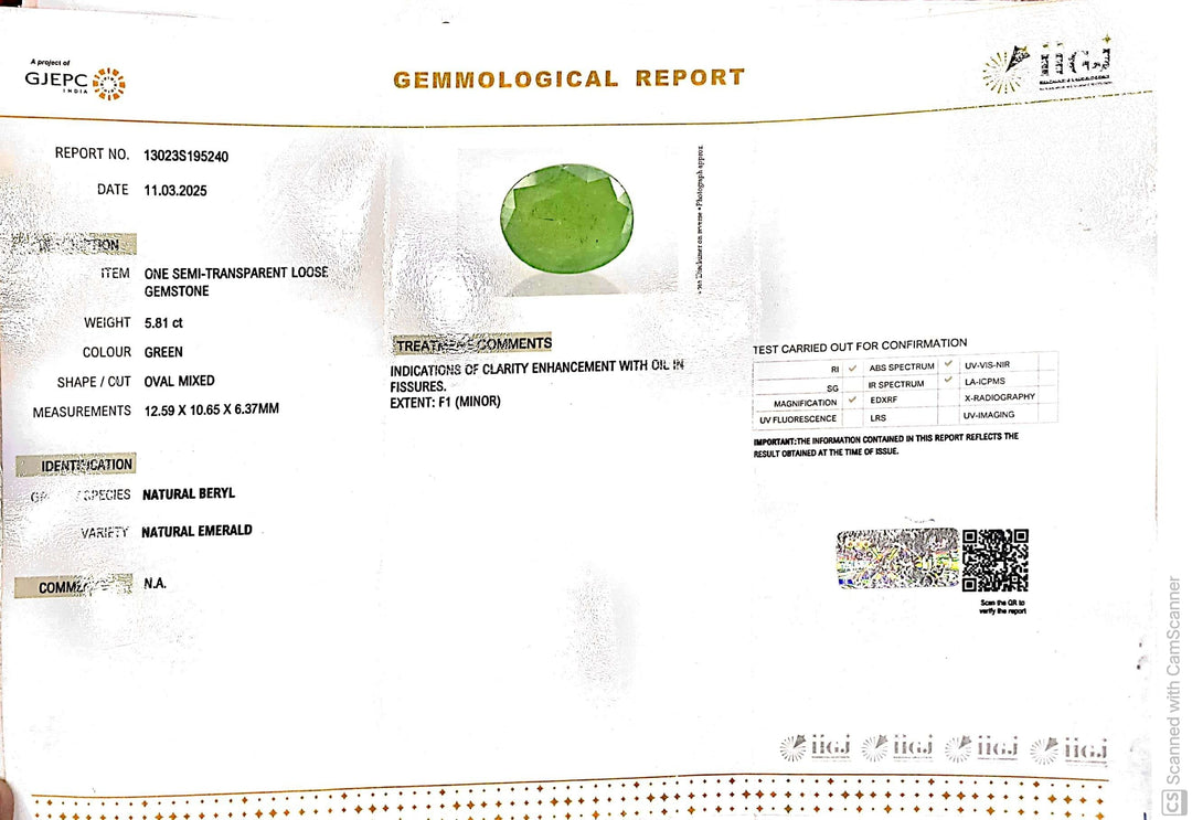 5.81/CT Natural Panna Stone with Govt. Lab Certificate