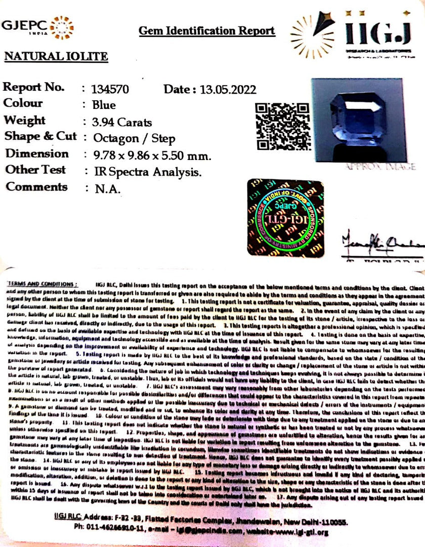 3.94/CT Natural Iolite with Govt Lab Certificate-(1221)