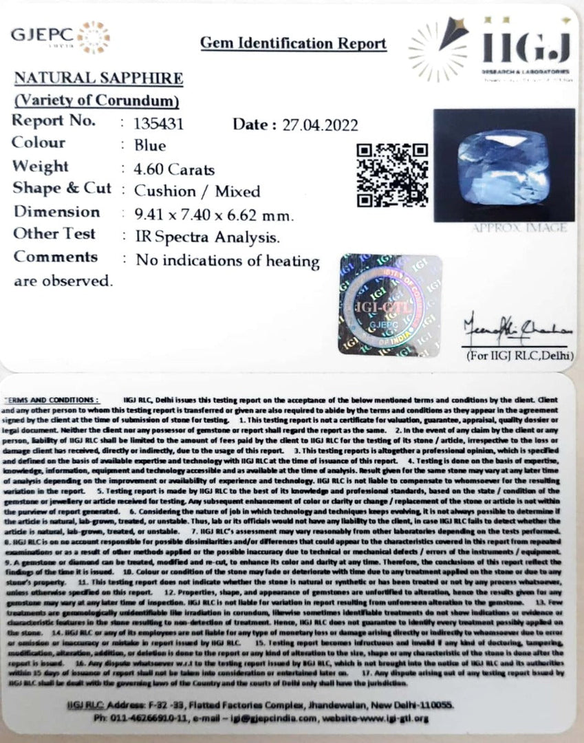4.60/CT Natural Blue sapphire with Govt Lab Certificate-BLUSA9T