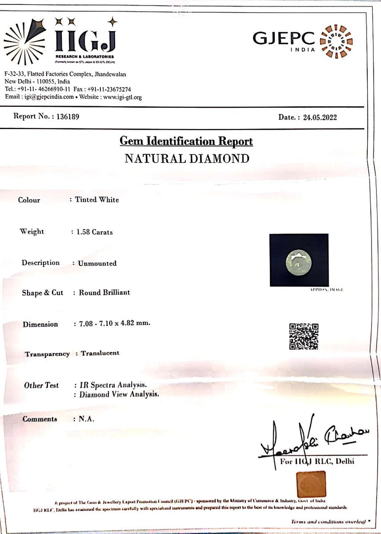 1.58/Carat Natural Diamond With Govt. Lab Certificate (120000)