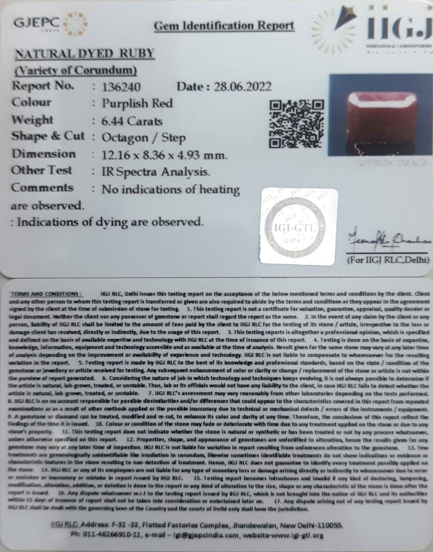 6.44/CT Natural Indian Ruby with Govt. Lab Certificate-1221