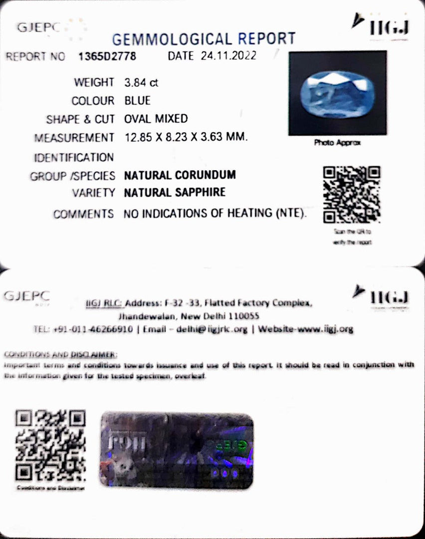 3.84/CT Natural Blue Sapphire with Govt Lab Certificate-BLUSA9S