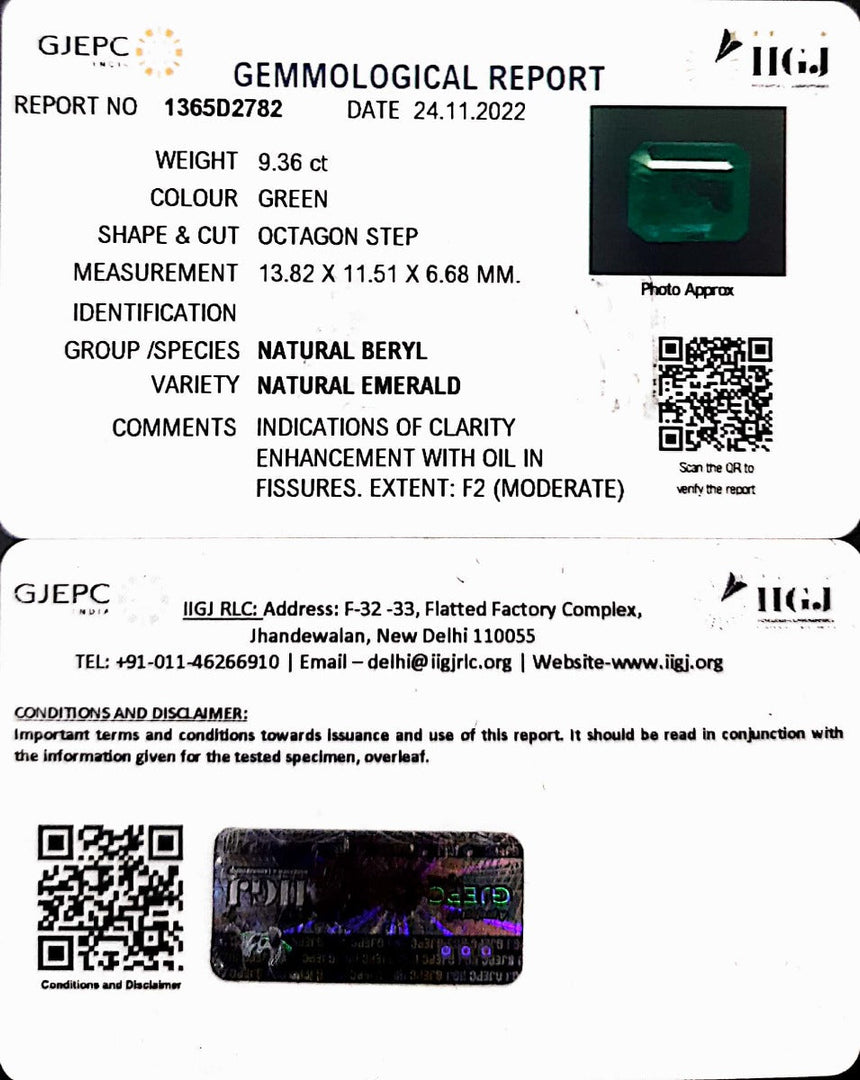 9.36/CT Natural Panna Stone with Govt. Lab Certificate (45510)