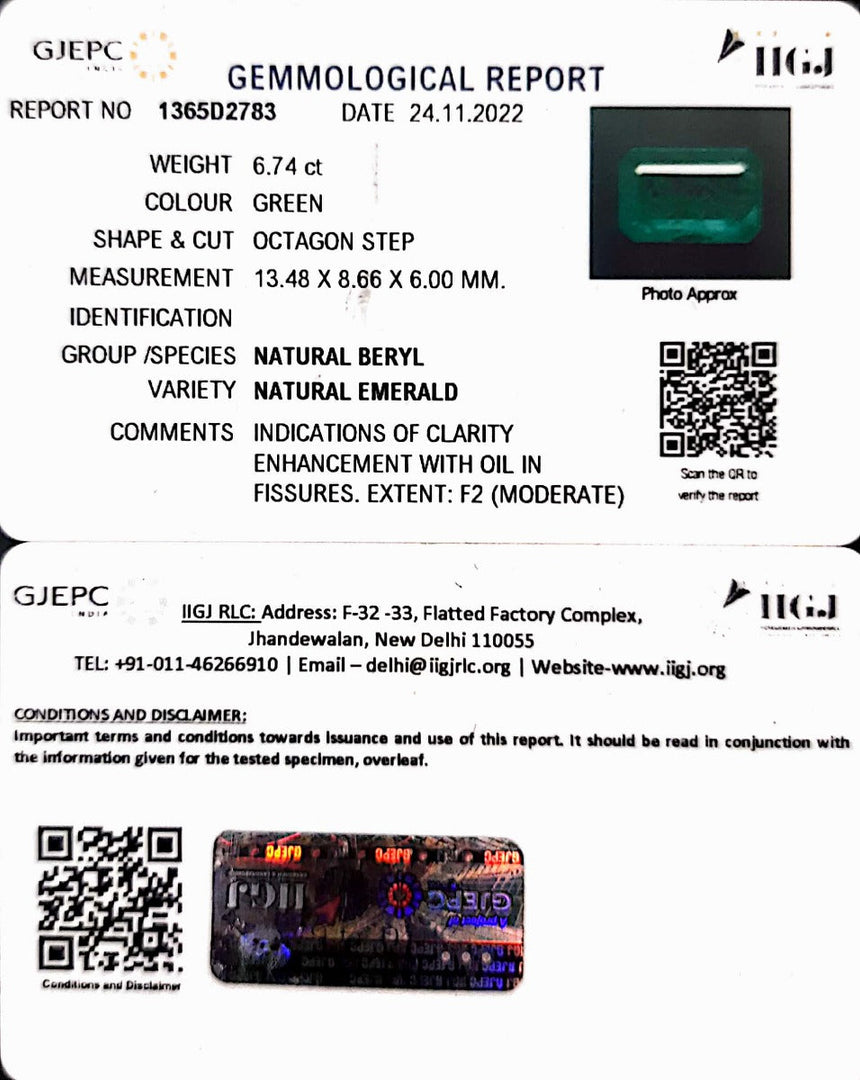 6.74/CT Natural Panna Stone with Govt. Lab Certificate (45510)