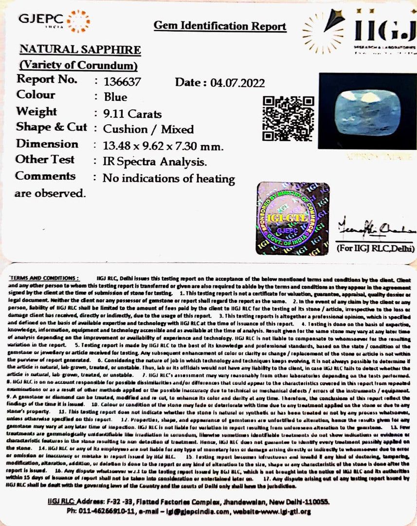 10.11 Ratti Natural Blue Sapphire With Govt Lab Certified-(6771)