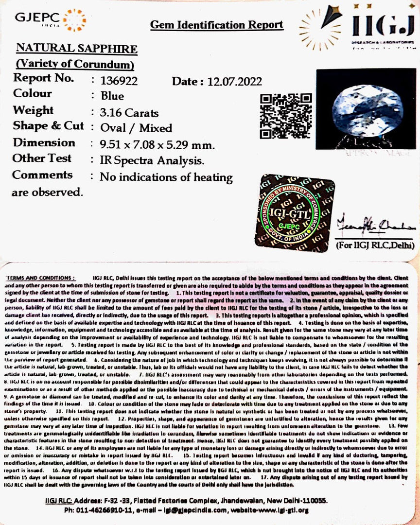 3.16/CT Natural Ceylonese Neelam with Govt Lab Certificate-BLUSA9T