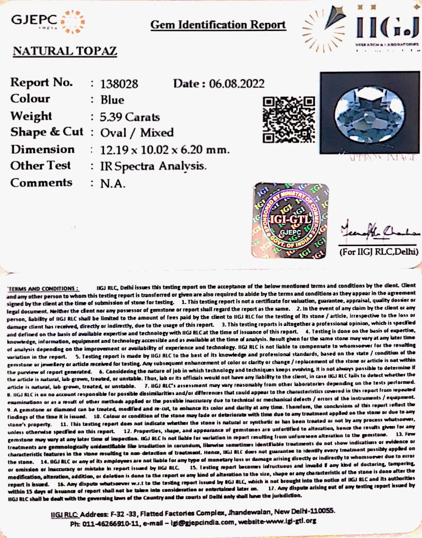 5.98 Ratti Blue Topaz with Govt Lab Certificate-(1665)