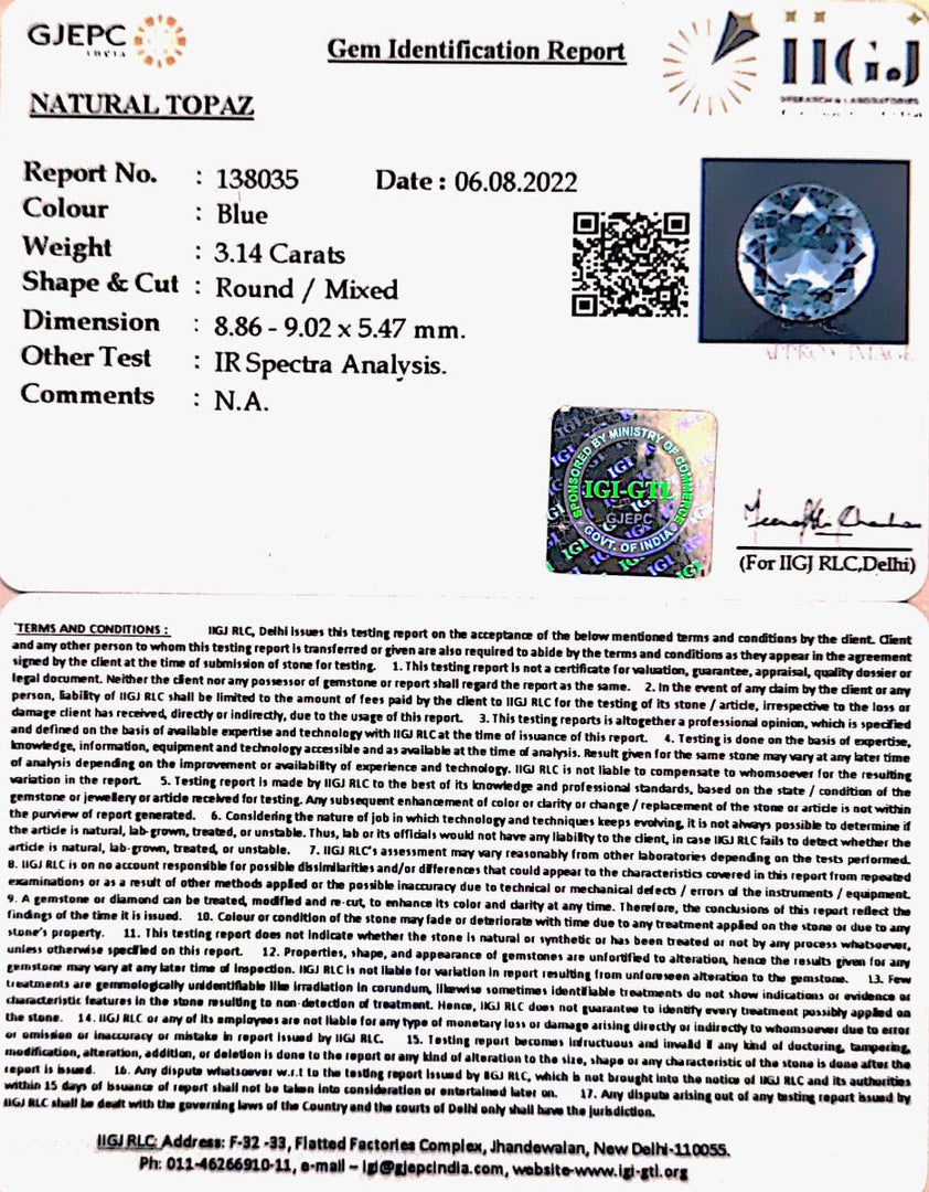 3.48 Ratti Blue Topaz with Govt Lab Certificate-(1665)