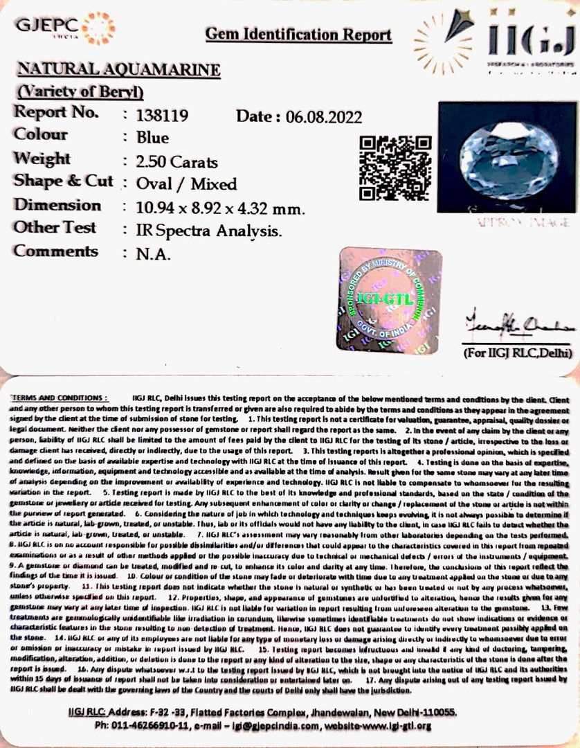 2.50/CT Natural Aquamarine with Govt Lab Certificate-5661