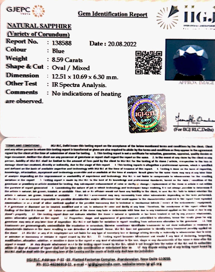 8.59/CT Natural Blue Sapphire with Govt Lab Certificate-(2331)