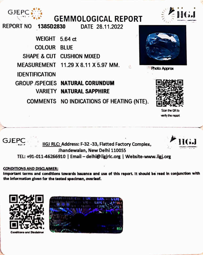 5.64/CT Natural Blue Sapphire with Govt Lab Certificate-BLUSA9U
