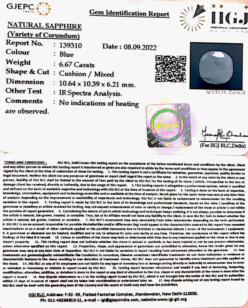 6.67/CT Natural Ceylonese Neelam with Govt Lab Certified (4551)