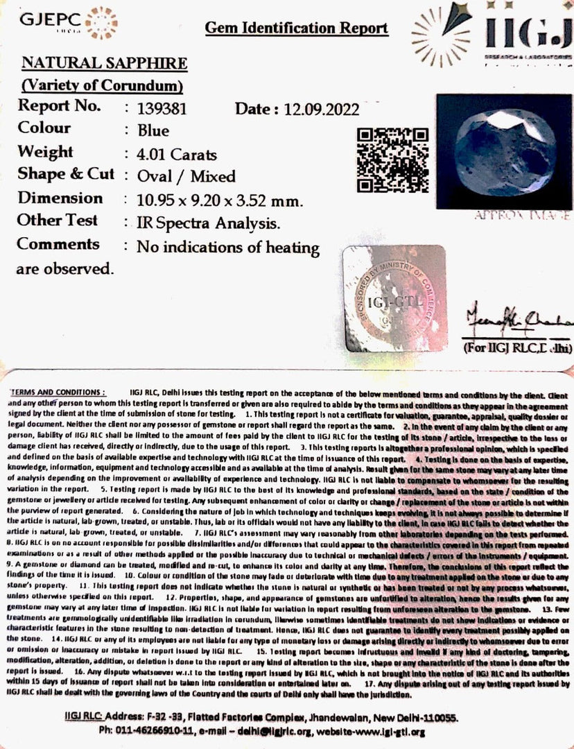 4.01/CT Natural Blue Sapphire with Govt Lab Certificate-BLUSA9S