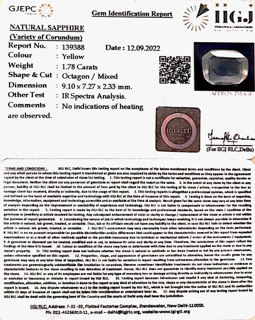1.78 Carat Natural Ceylonese Pukhraj with Govt Lab Certificate-YELSA9S