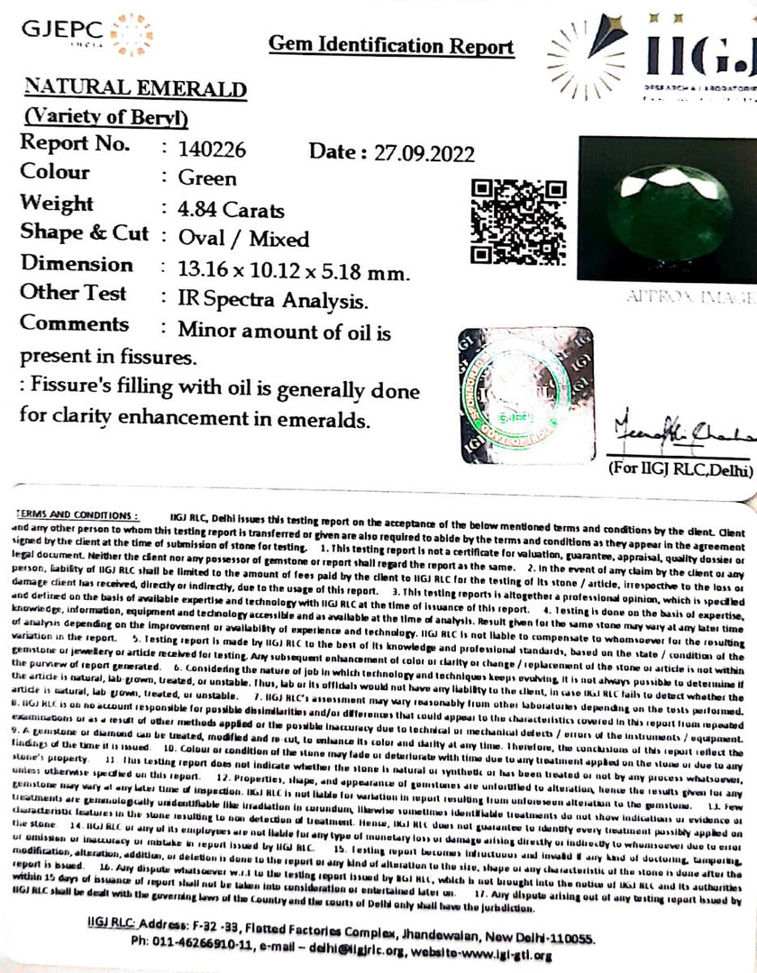 4.84/CT Natural Panna Stone with Govt. Lab Certified (3441)