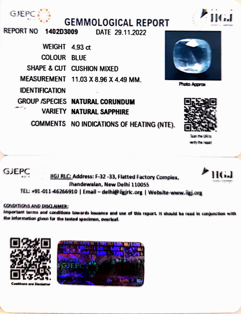 4.93/CT Natural Blue Sapphire with Govt Lab Certificate-BLUSA9U