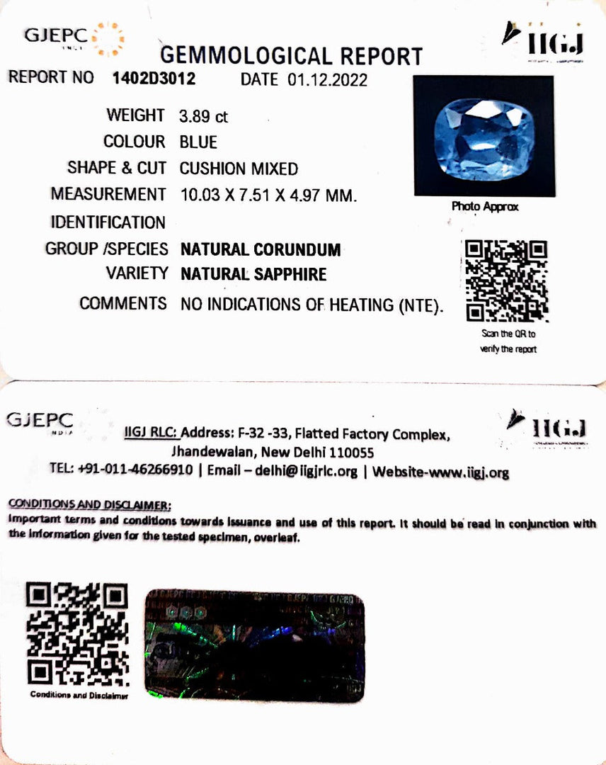 3.89/CT Natural Blue Sapphire with Govt Lab Certificate-BLUSA9U