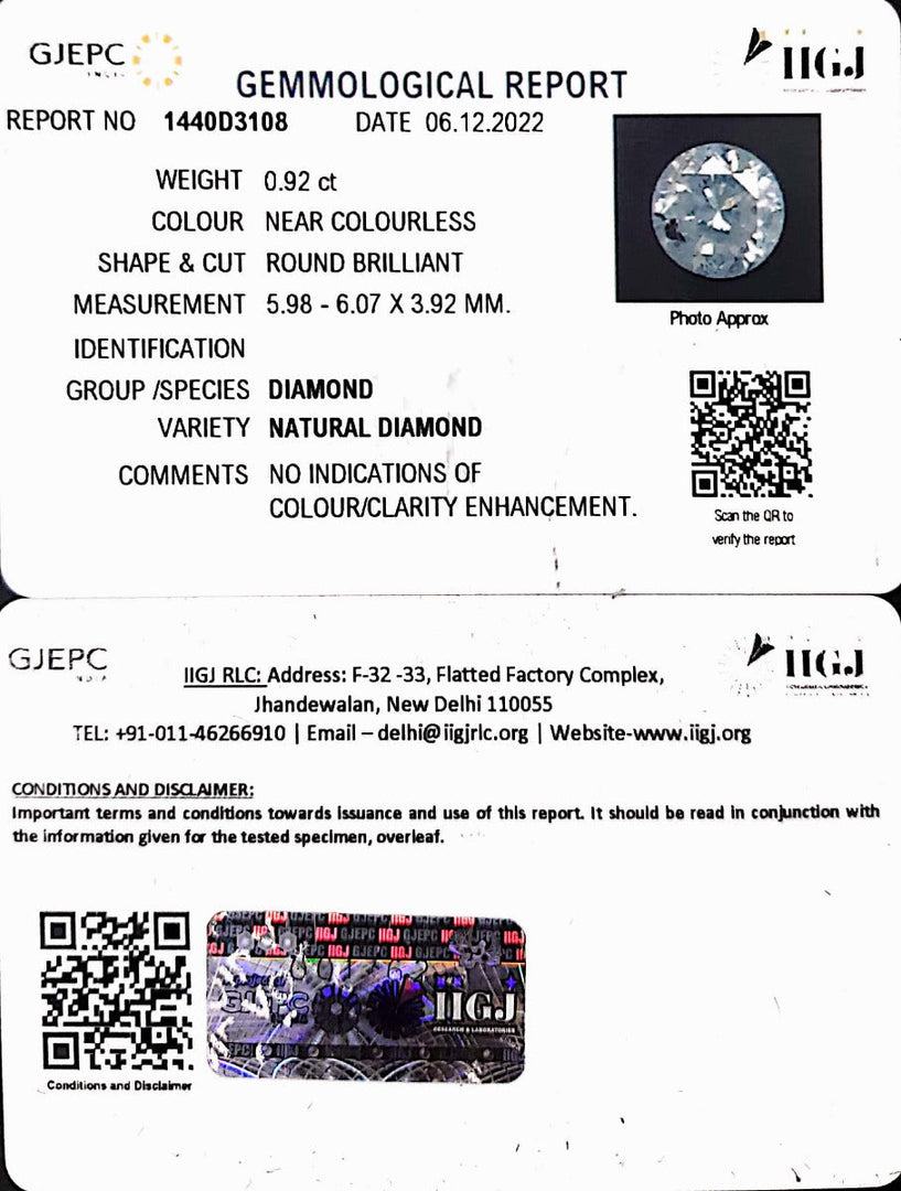 0.92/Cents Natural Diamond With Govt. Lab Certificate (110000)