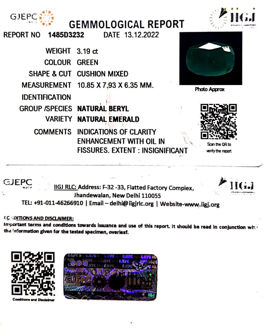 3.19/CT Natural Panna Stone with Govt. Lab Certificate (6771)