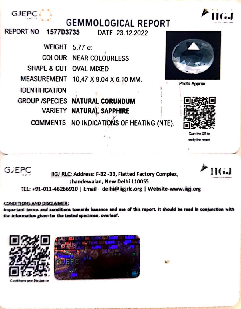 5.77/CT Natural White Sapphire with Govt Lab Certificate (89910)