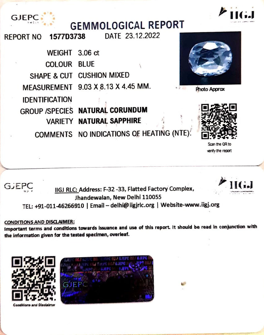 3.06/CT Natural Blue Sapphire with Govt Lab Certificate-BLUSA9U