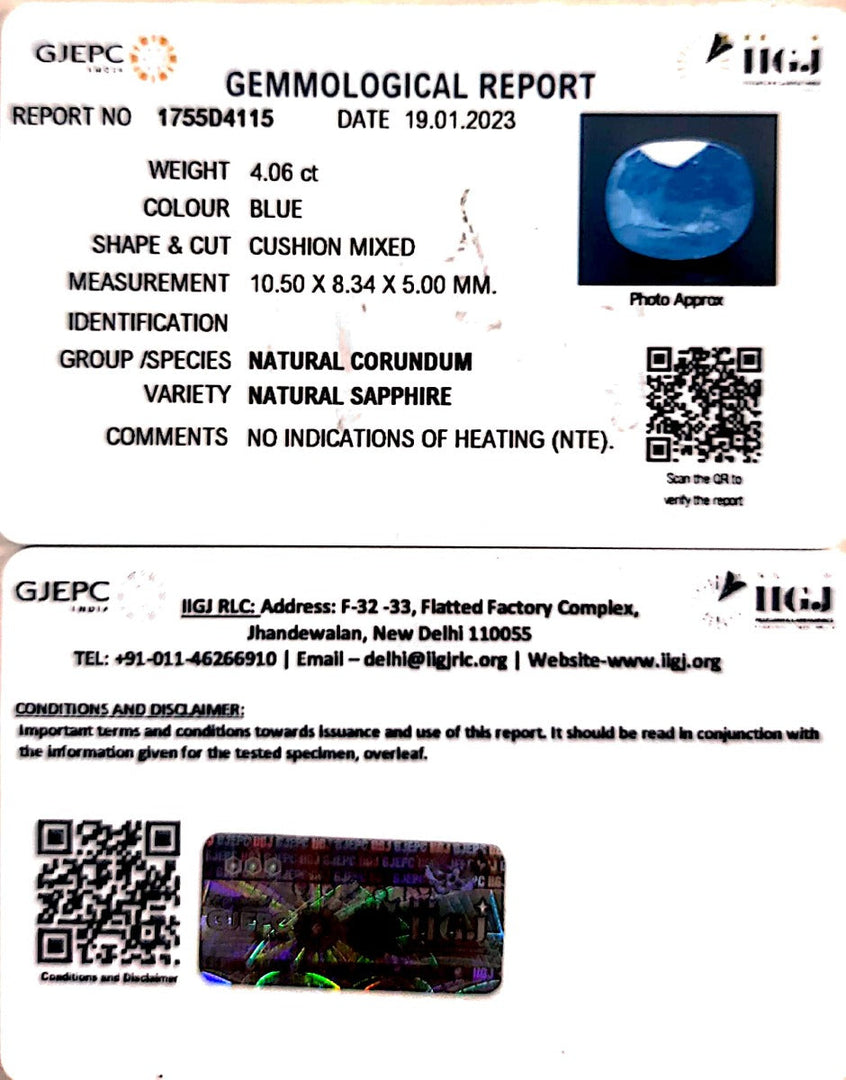 4.06/CT Natural Blue sapphire with Govt Lab Certificate-BLUSA9T
