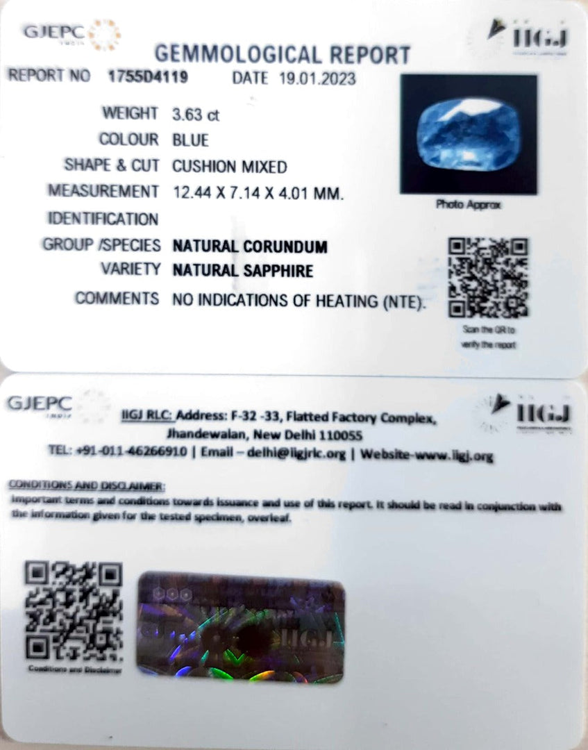 3.63/CT Natural Ceylonese Neelam with Govt Lab Certificate-BLUSA9S