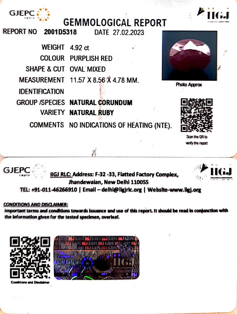4.92/CT Natural Neo Burma Ruby with Govt. Lab Certificate (3441)