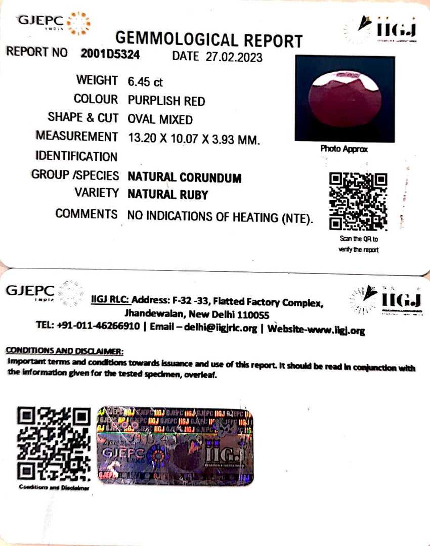 6.45/CT Natural Neo Burma Ruby with Govt. Lab Certificate (3441)