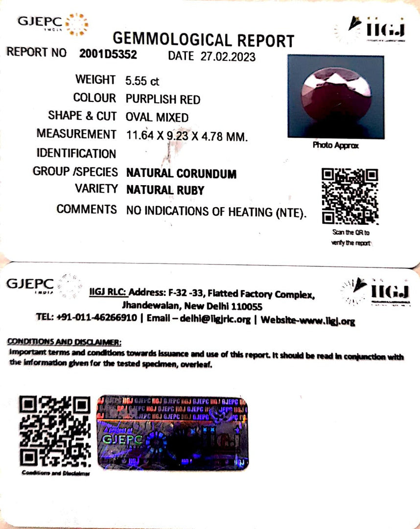 5.55/CT Natural Neo Burma Ruby with Govt. Lab Certificate (3441)