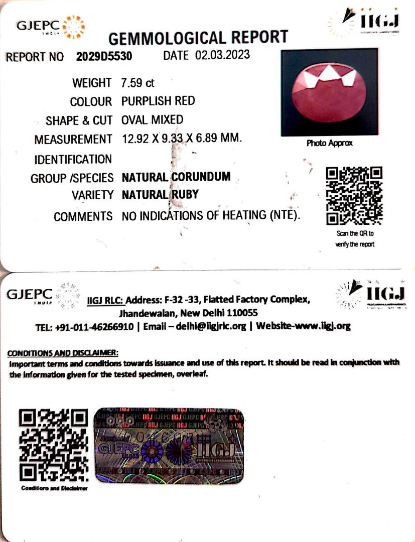 7.59/CT Natural Mozambique Ruby with Govt. Lab Certificate (RUBY9T)