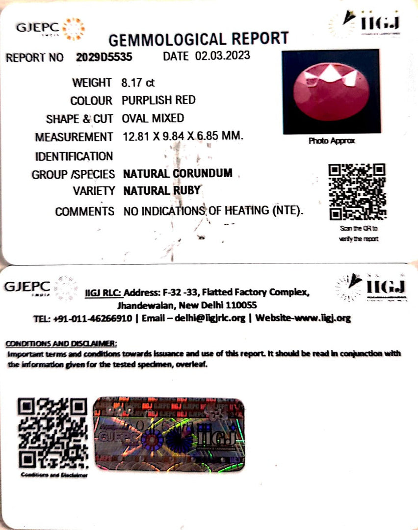 8.17/CT Natural Mozambique Ruby with Govt. Lab Certificate ( RUBY9T )