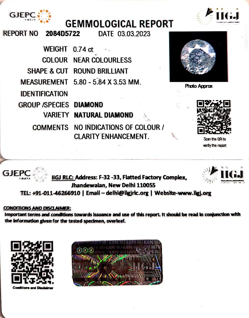0.74/Cents Natural Diamond With Govt. Lab Certificate (160000)