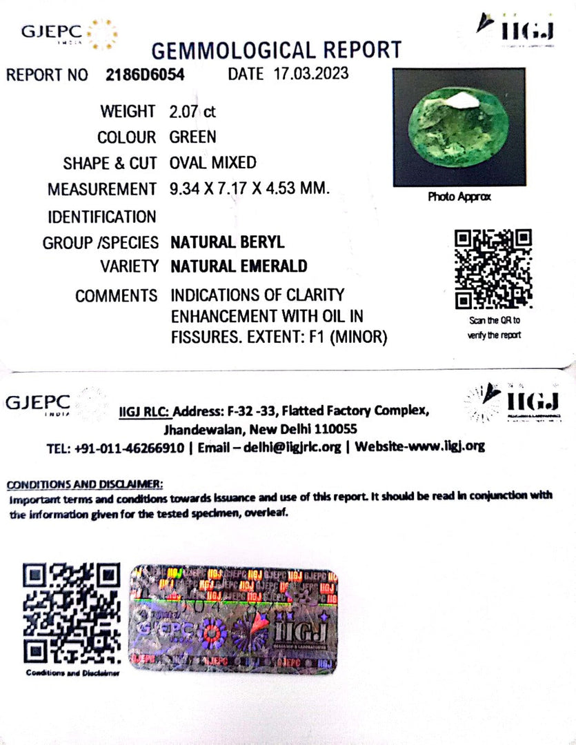 2.07/CT Natural Panna Stone with Govt. Lab Certificate (23310)