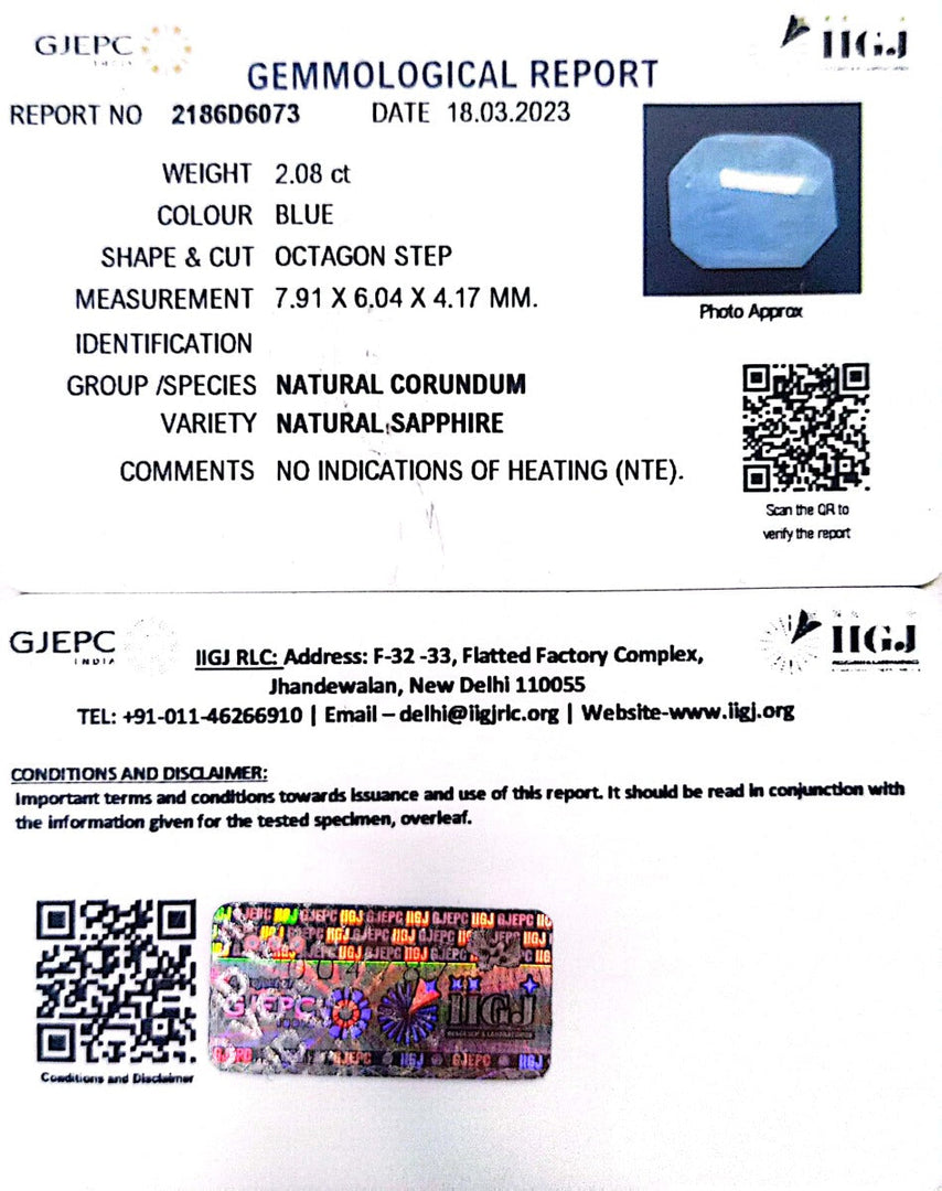 2.08/CT Natural Blue Sapphire with Govt Lab Certificate (6771)