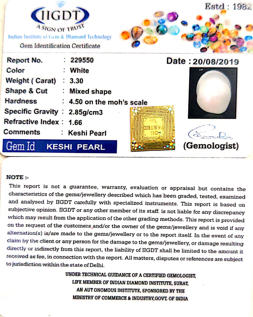 3.30/CT Keshi Pearl With Govt. Lab Report