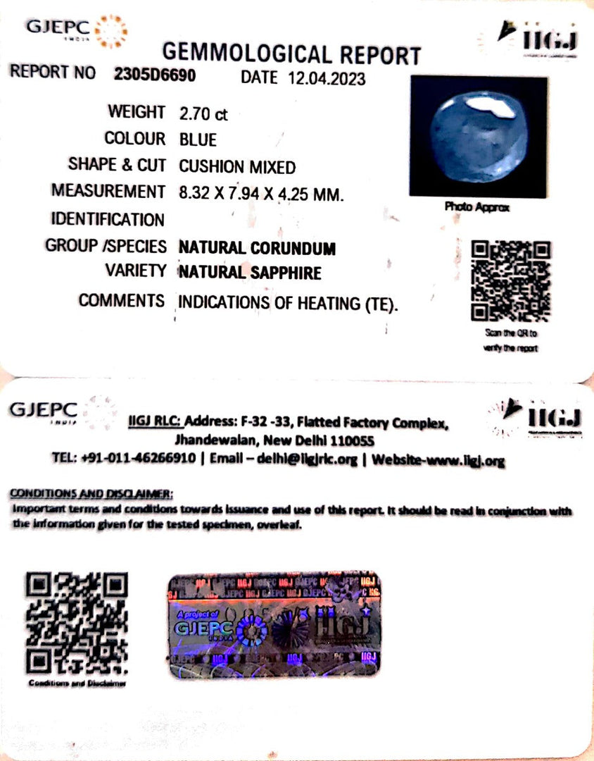 2.70/CT Natural Blue Sapphire with Govt Lab Certificate-BLUSA9S