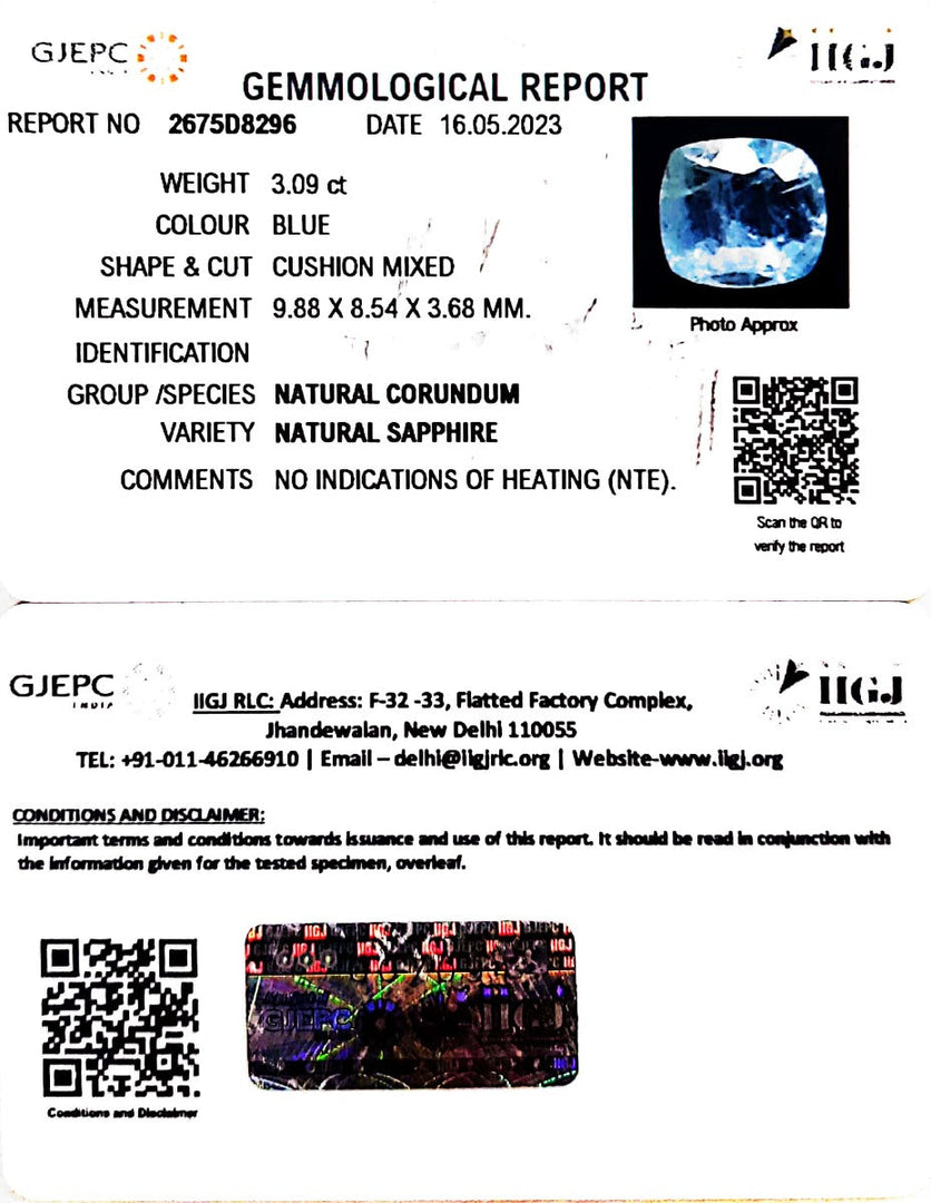 3.09/CT Natural Blue Sapphire with Govt Lab Certificate (8991)
