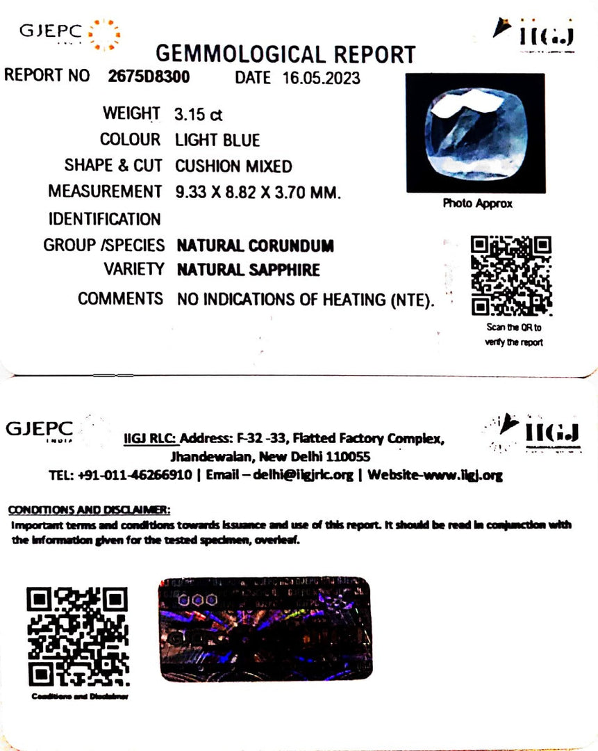 3.15/CT Natural Blue Sapphire with Govt Lab Certificate (8991)