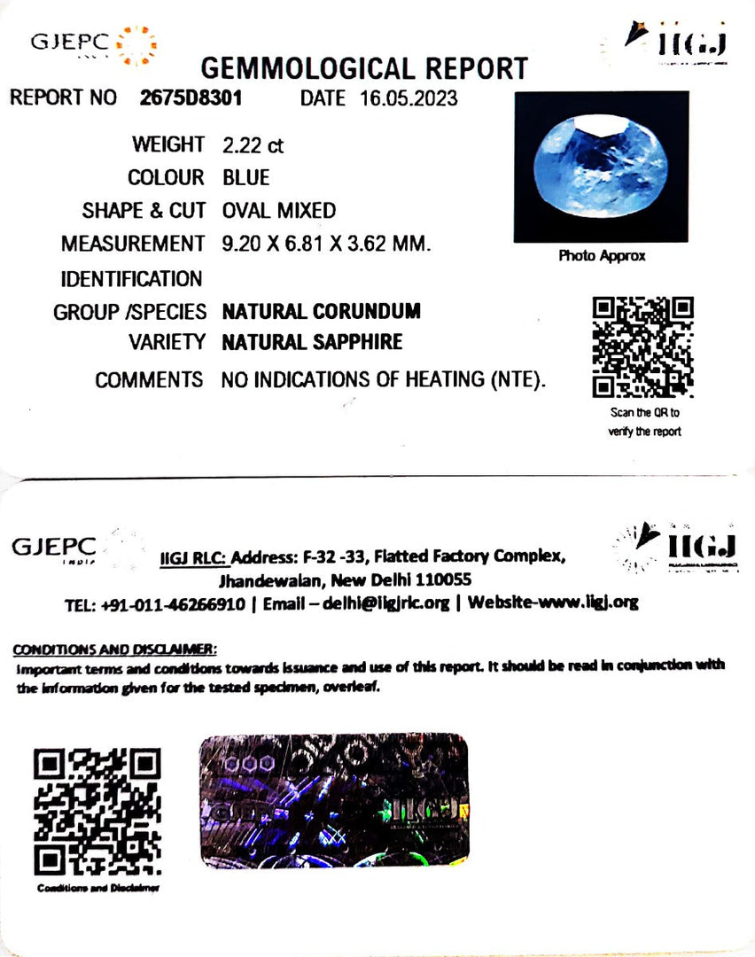2.22/CT Natural Blue Sapphire with Govt Lab Certificate (4551)